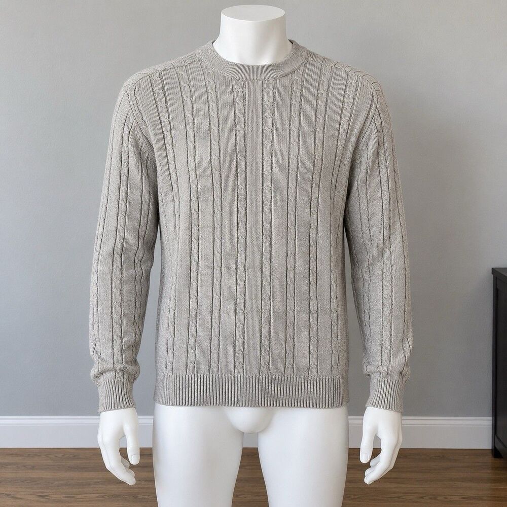 Preppy IZOD Cable Knit Sweater Mens M Beige 100% Cotton Old Money Crewneck